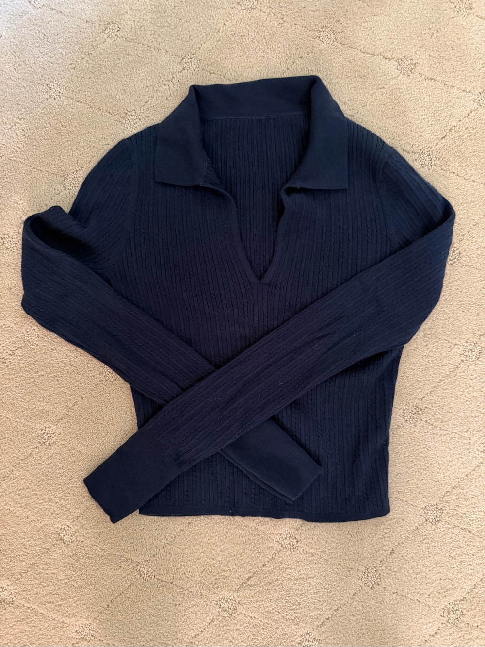 Women's Navy Ribbed Collared V-Neck Sweater